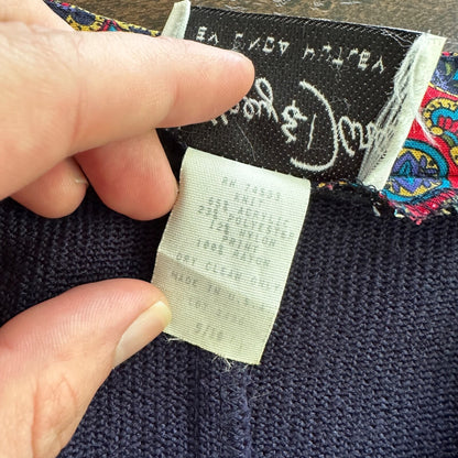 Jeffrey and Dara by Linda Hutley Knit Blazer Paisley VTG Navy Cardigan 90s