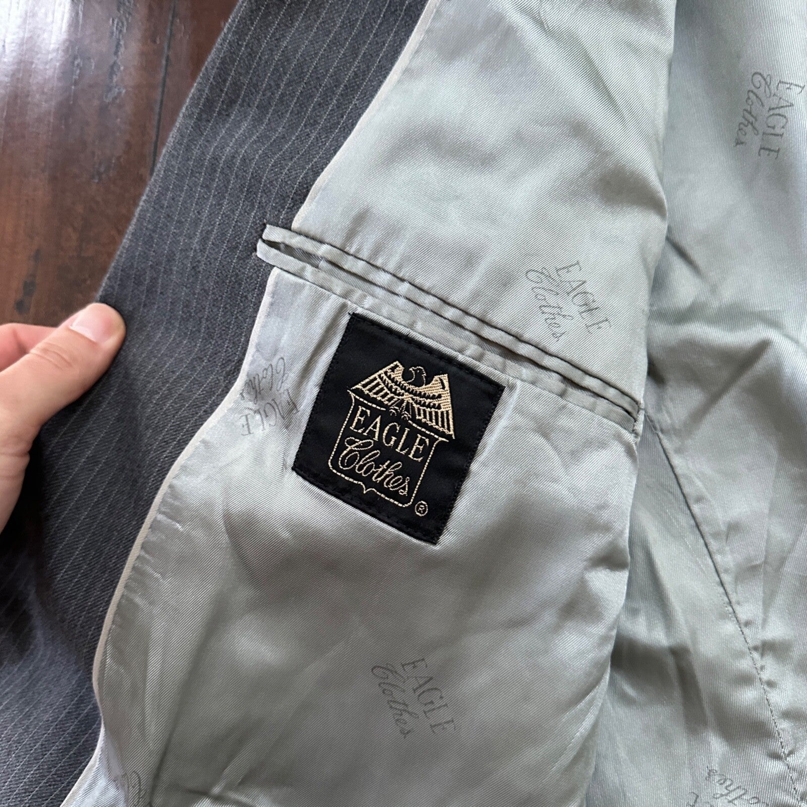 Vtg USA Eagles Pinstripe Mens Gray Wool 3 Pc Suit 42 Vest 33x30 1980s Vest