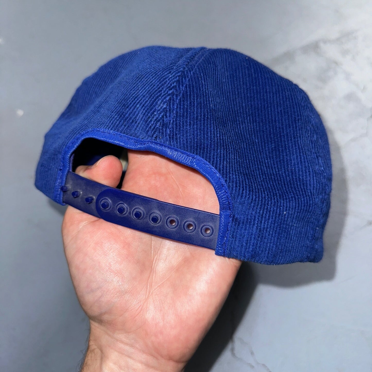 Steel Fab Blue Corduroy VTG Hat Cap Snapback Alaska USA Trucker Ocean Cool