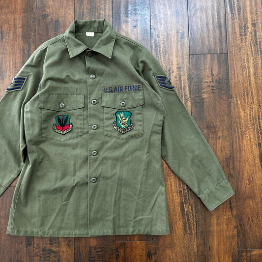 VTG US Military Shirt Mens 15.5 Green OG 507 Utility Patches Jacket 1980 USAF