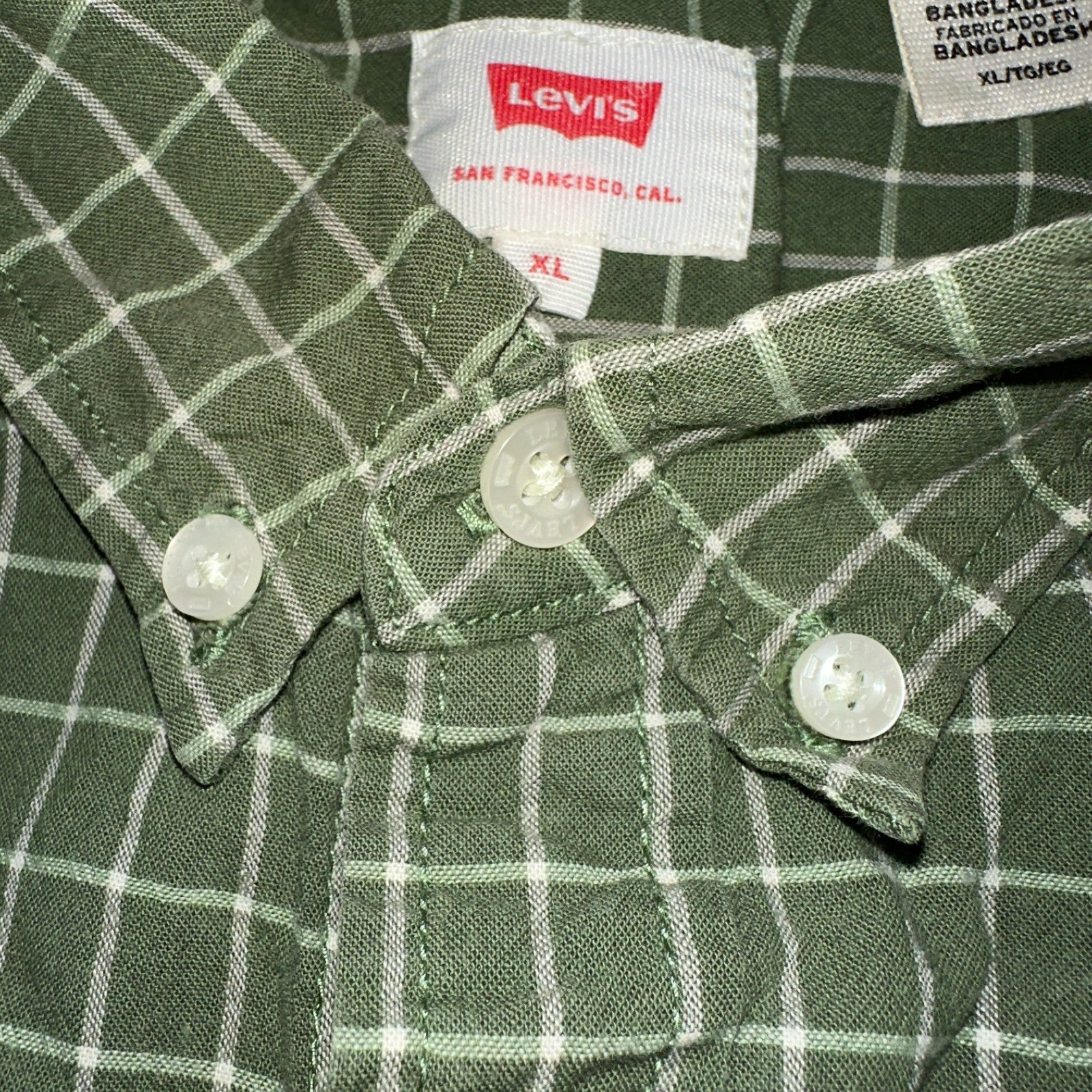Levis White Tab Mens Button Up Shirt Short Sleeve Green Yellow Plaid Checker XL