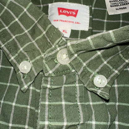 Levis White Tab Mens Button Up Shirt Short Sleeve Green Yellow Plaid Checker XL