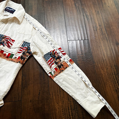 VTG Wrangler Men's Pearl Snap Western Rodeo Cowboy Ranch Shirt XL Flags USA RARE