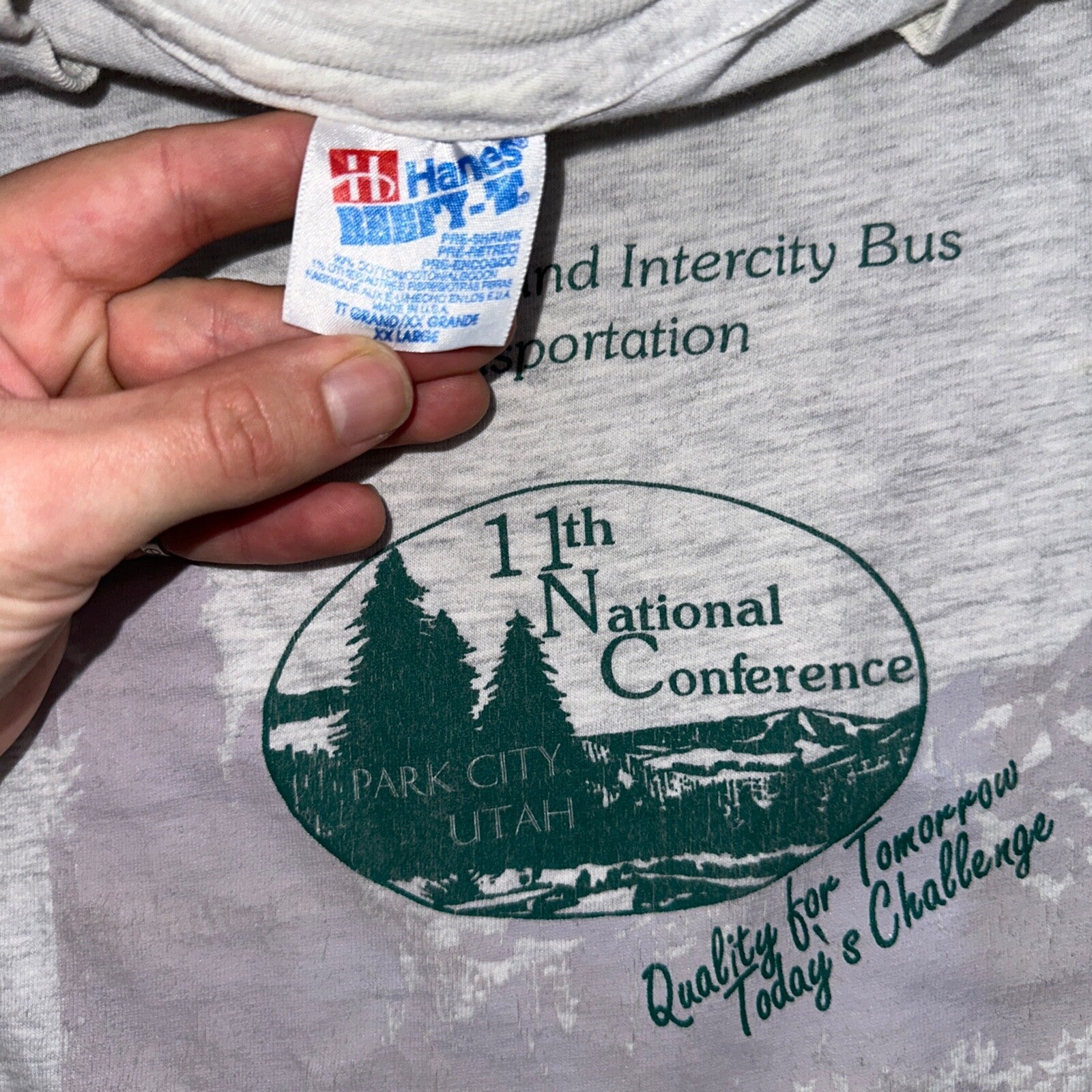 Hanes Beefy Gray Utah Park City VTG T Shirt 90s Bus Trees Forest Hiking Art