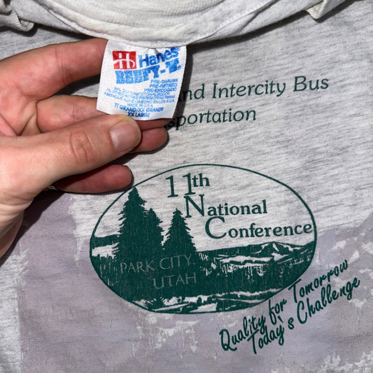 Hanes Beefy Gray Utah Park City VTG T Shirt 90s Bus Trees Forest Hiking Art