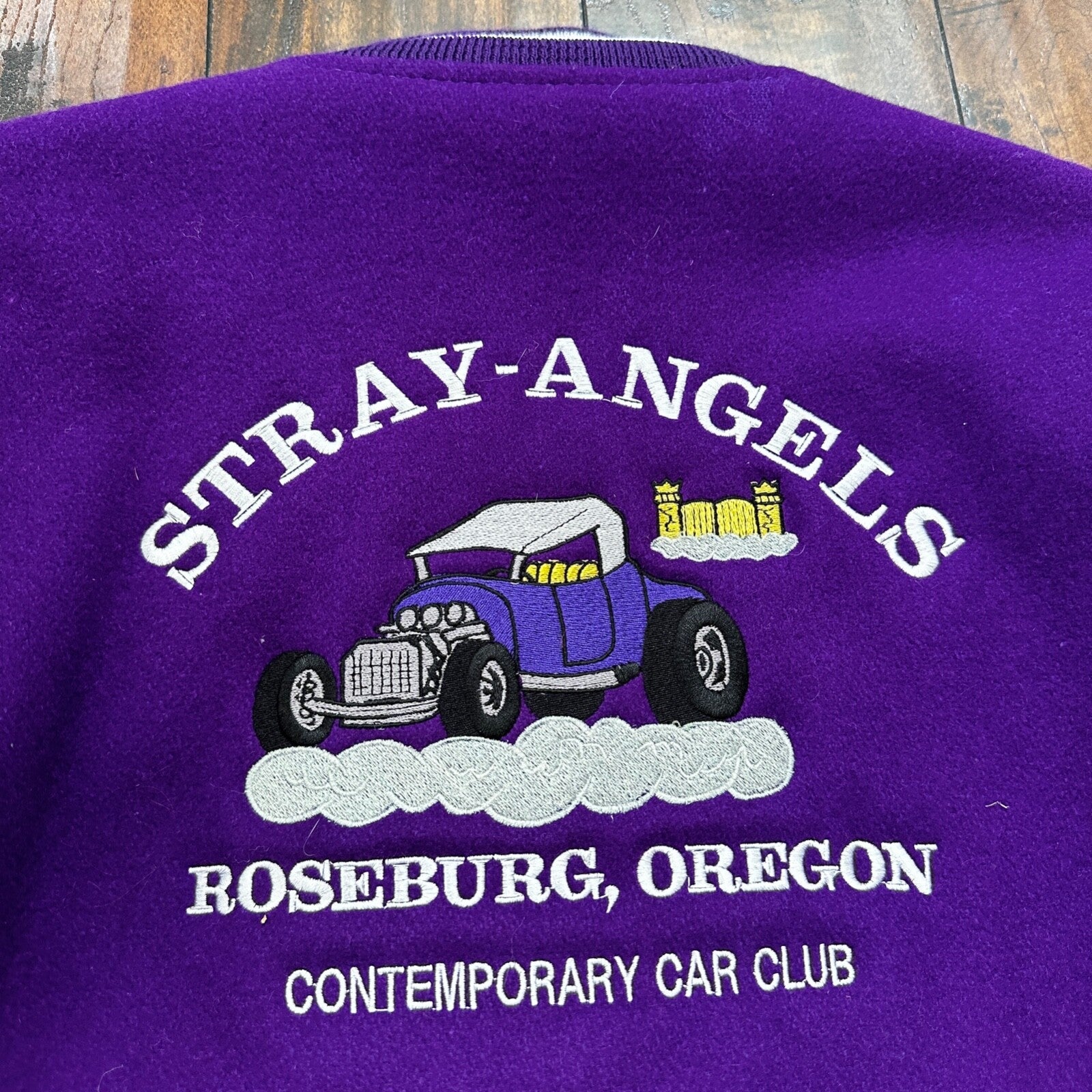 VTG Stray Angels Varsity Leather Letterman 70s Jacket XL Portland Cars Racing