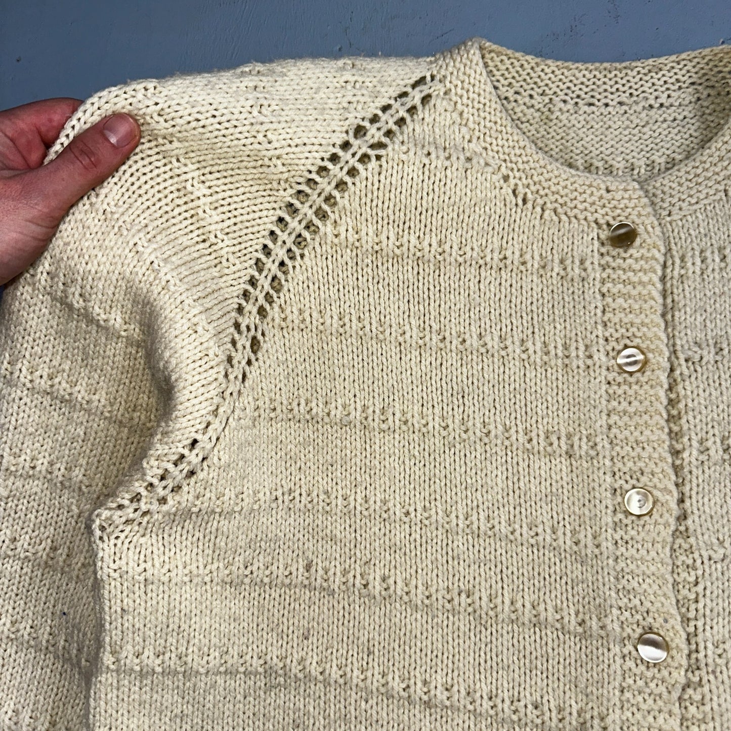 1970s VTG Sweater Cable Knit 70s 80s Ivory Off White Warm Grandma Core Button Up