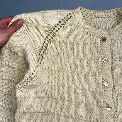 1970s VTG Sweater Cable Knit 70s 80s Ivory Off White Warm Grandma Core Button Up