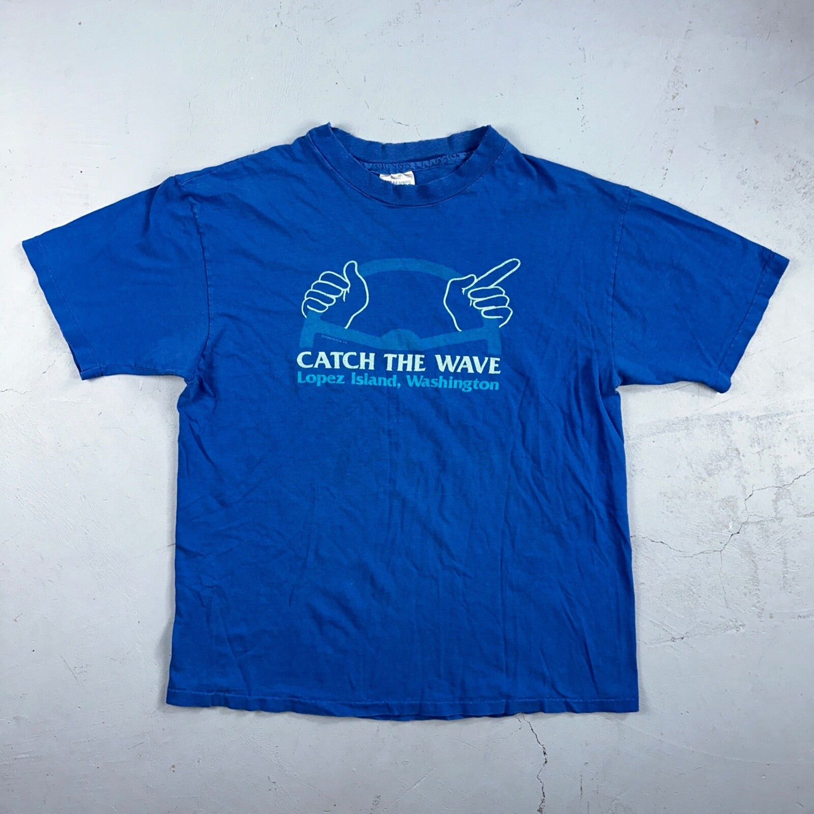 Lopez Island Washington Hanes Beefy XL VTG T Shirt Blue Catch The Wave Driving