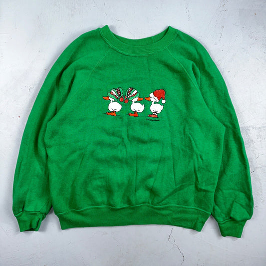 Ducks Novelty Sweatshirt XL 1980s VTG Crewneck Christmas Cute Green Holidays 80s