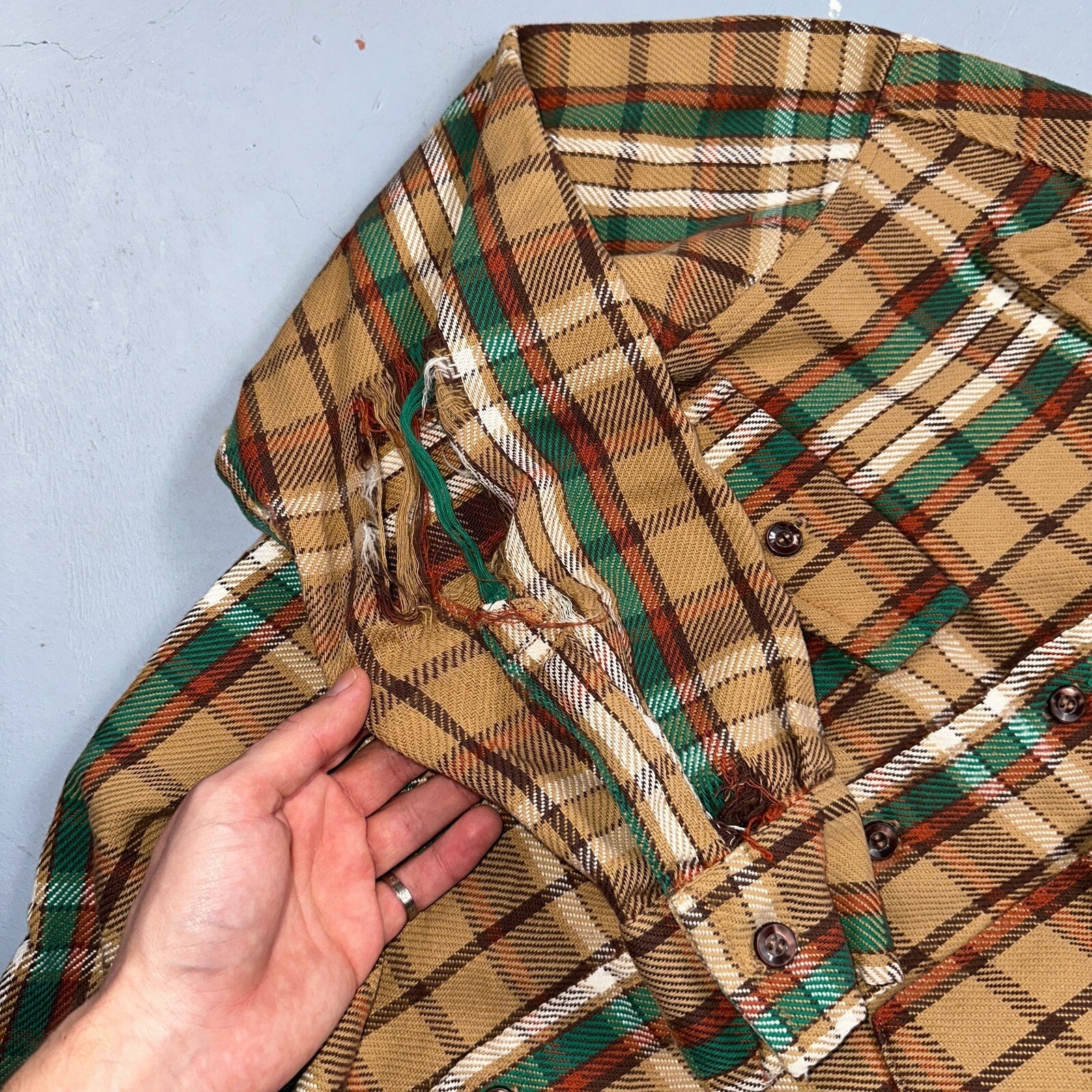 VTG Big Mac JC Penny Thick 100% Cotton Flannel Work Shirt M 70s Plaid Thrashed