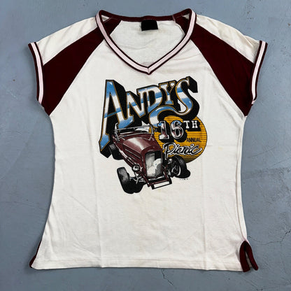 Andys Hot Rods Racing Cars Womens VTG T Shirt 80s Rare Cut Harley Girl Cool