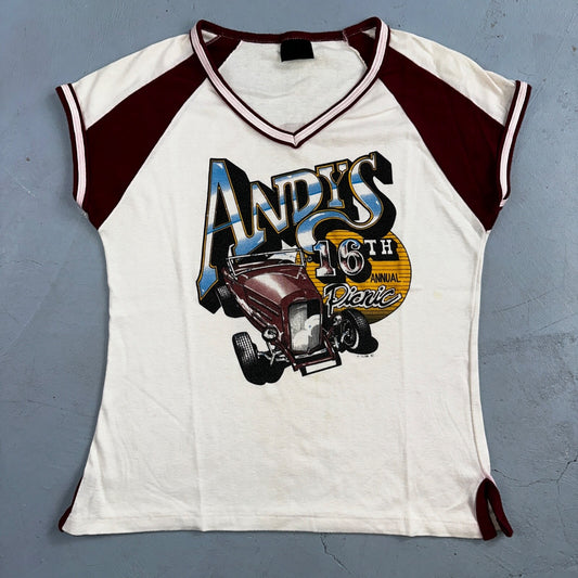 Andys Hot Rods Racing Cars Womens VTG T Shirt 80s Rare Cut Harley Girl Cool