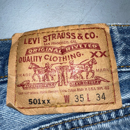 Levis 501 Vintage 90s USA XX Straight Leg Jeans Blue Light Wash 35x34 Act 33x30