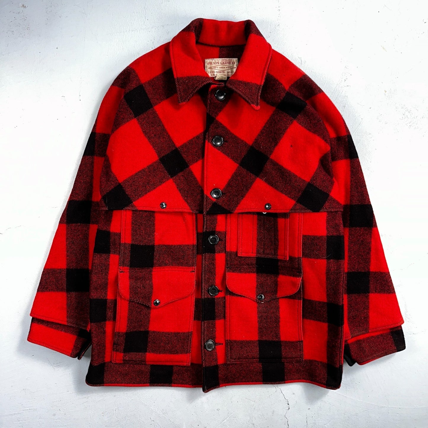 Filson Double Mackinaw Cruiser Coat Jacket Mens 46 Red Plaid Wool 70s Vintage