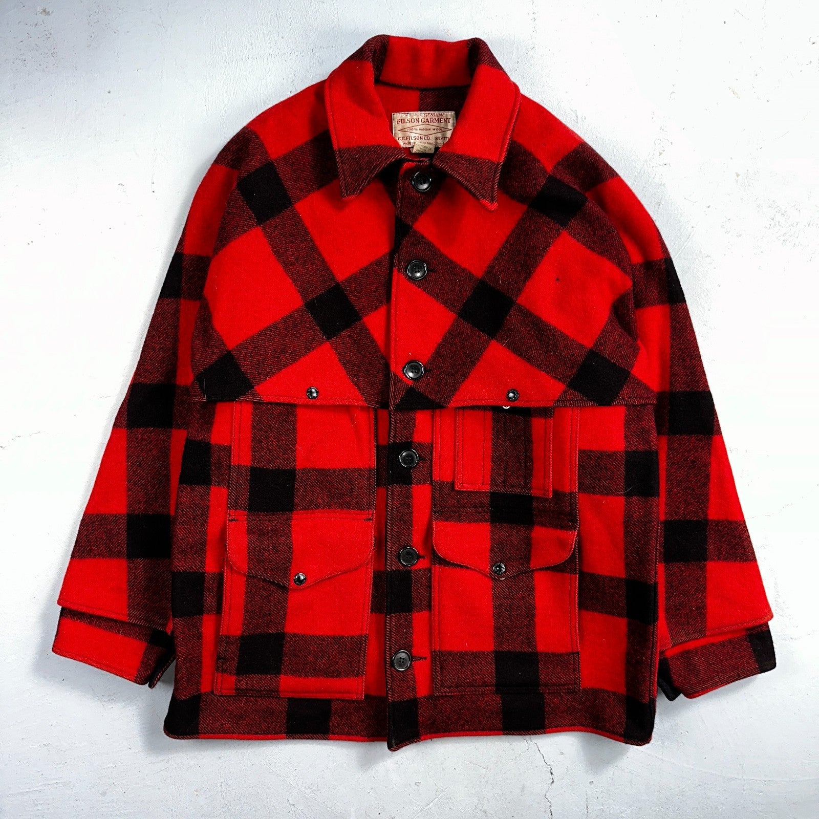 Filson Double Mackinaw Cruiser Coat Jacket Mens 46 Red Plaid Wool 70s Vintage