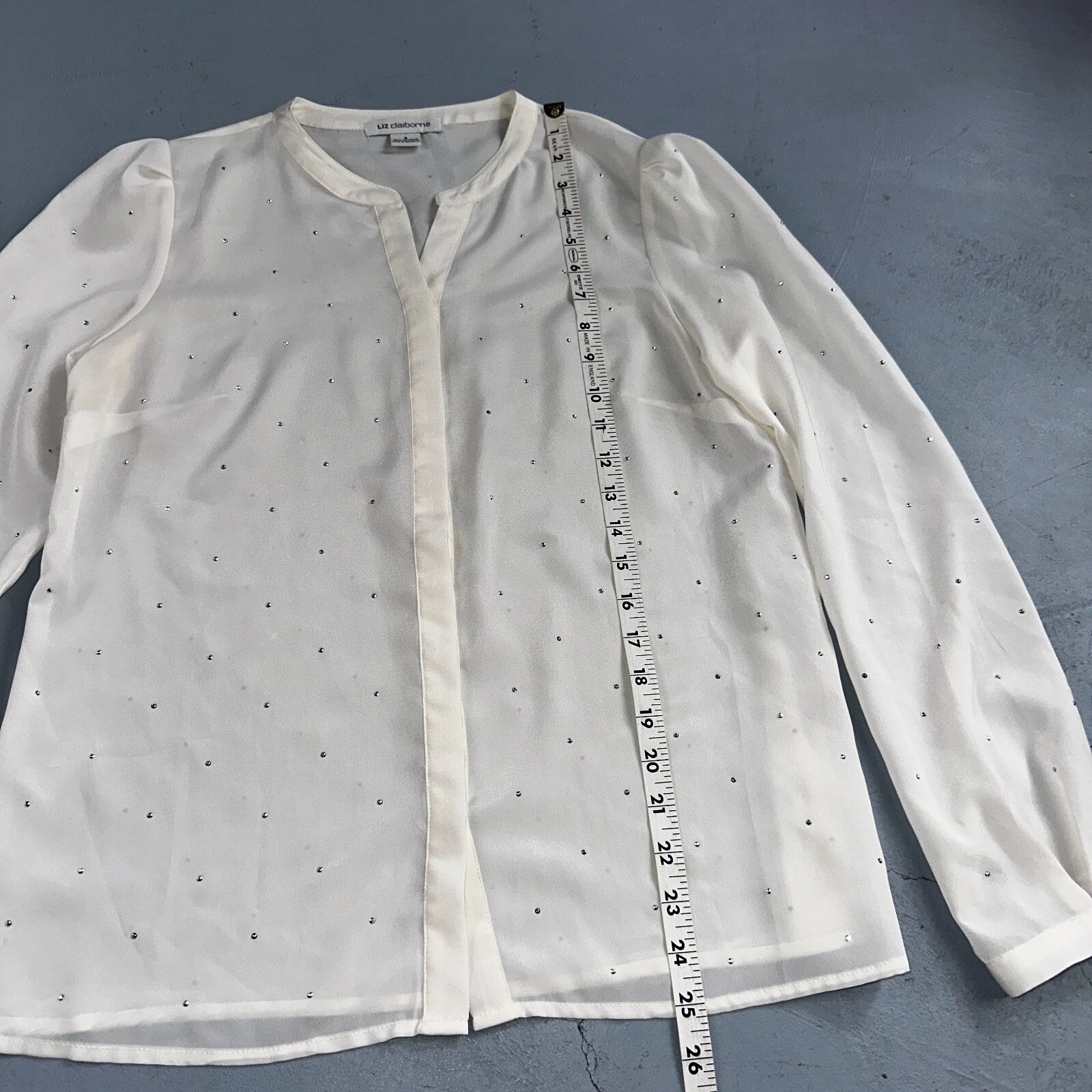 LIZ CLAIBORNE Womens Long Sleeve Button Front Blouse Shirt Studs Sz S Ivory