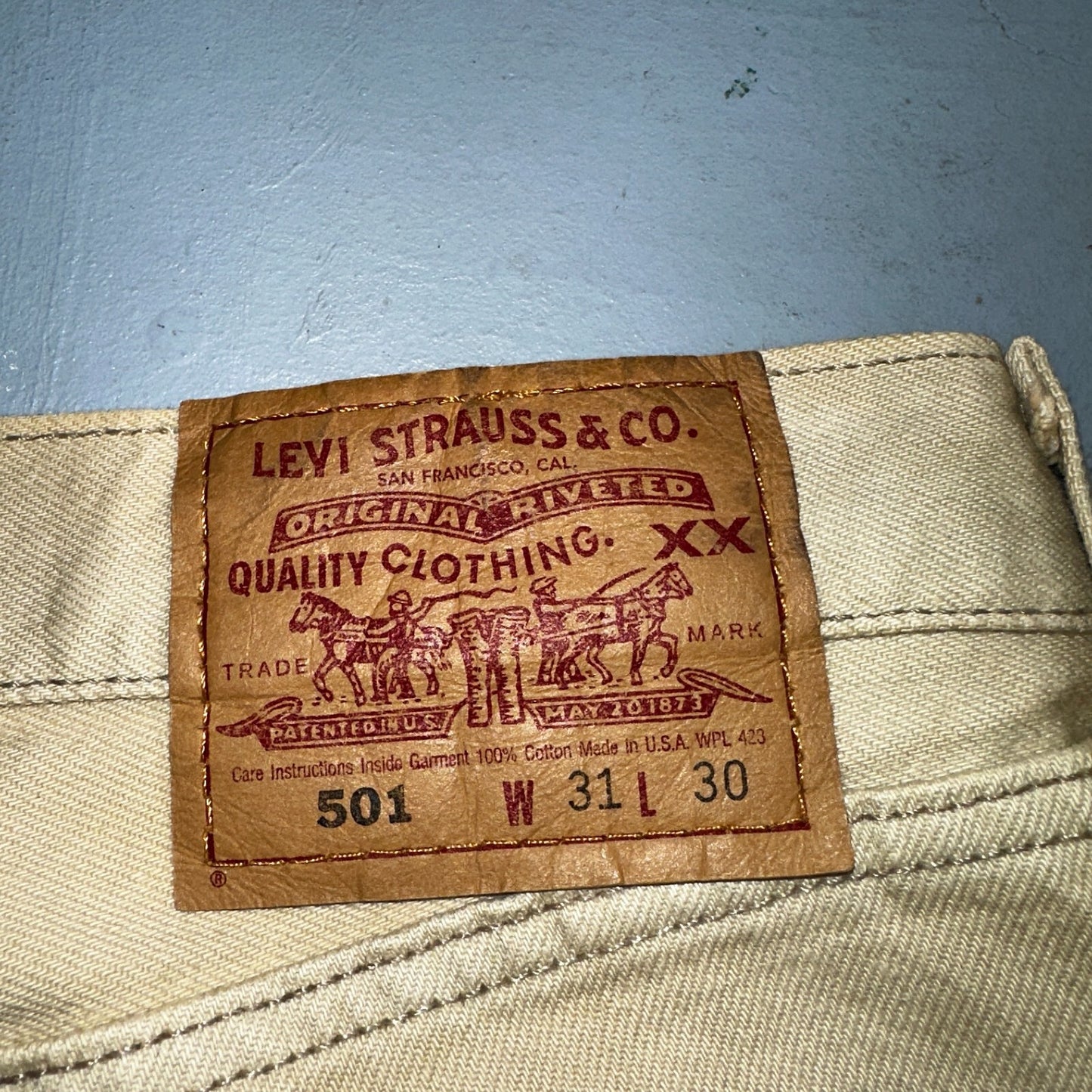 Levis 501 Vintage 90s USA XX Straight Leg Jeans Khaki Light Wash 31x30 Act 31x29