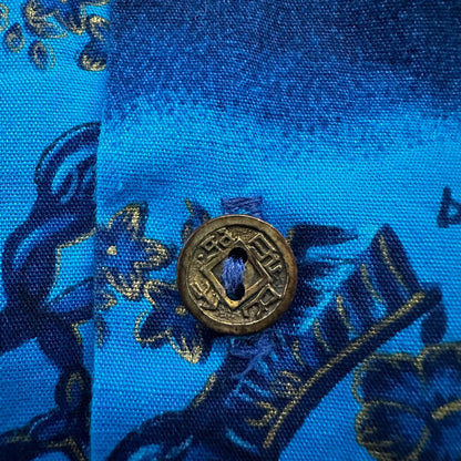 1960s Hawaiian Button Down Shirt Vintage Rockabilly 50s 60s Loop Collar Blue