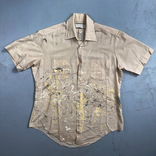 VTG 60s 70s Paint Stained Sears Perma Prest Short Sleeve Camp Shirt 16 Thrashed