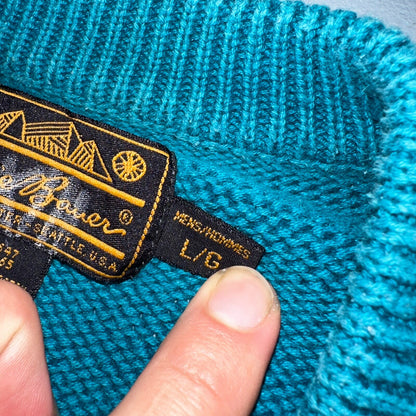 Vintage Eddie Bauer Sweater Mens Large Teal V Neck Pullover Cotton Casual Adult
