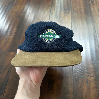 Pendleton Sport Hat Fleece Suede Flap Camp Navy USA Made Vtg 90s