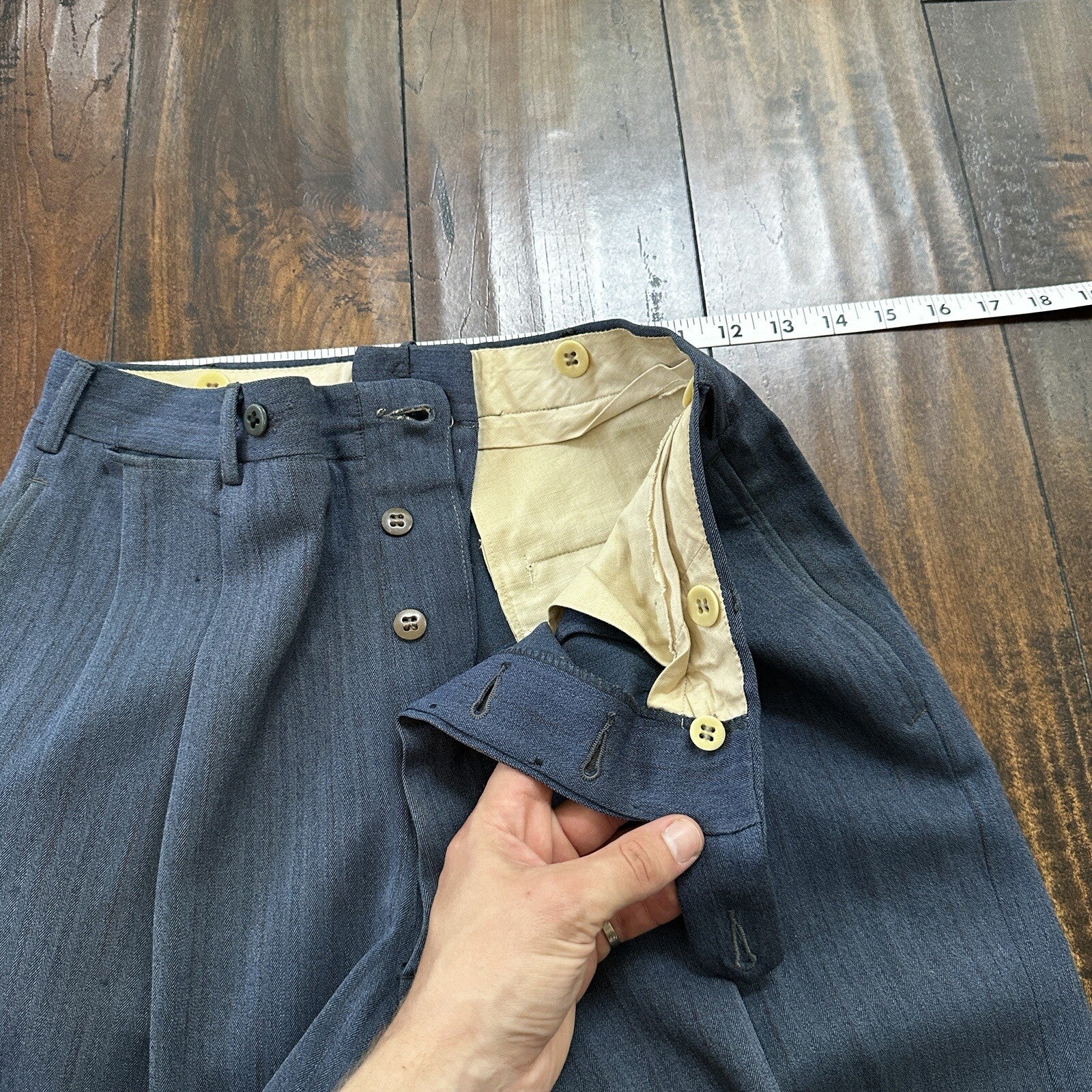 30s 40s 3 pc Pinstripe Blue Double Breasted Suit Belt Back Wool 34 26x31 Faded