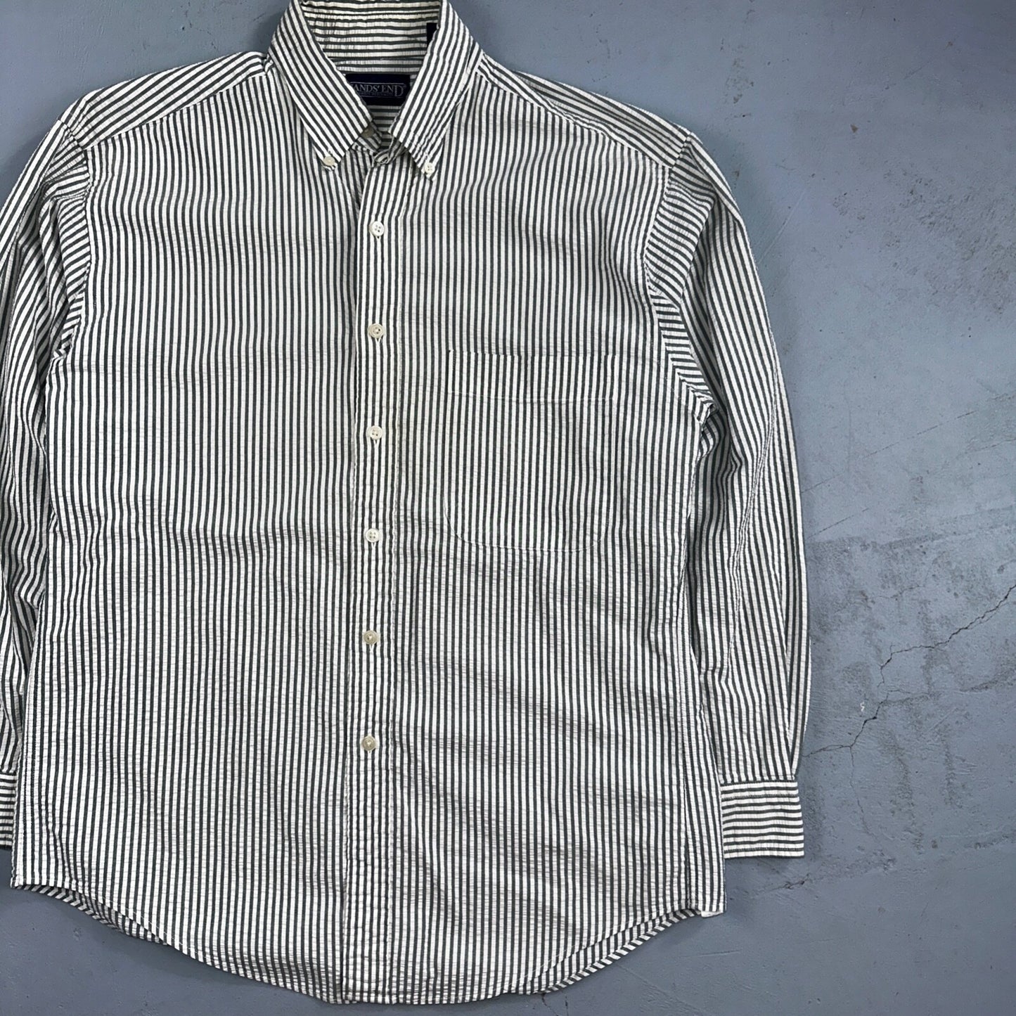 Lands End Shirt Men's M Green Striped Long Sleeve Button Down Trad Fit VTG 90s