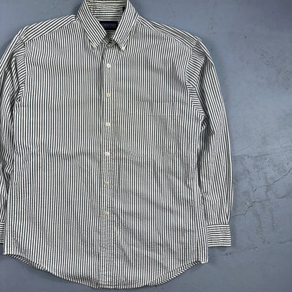 Lands End Shirt Men's M Green Striped Long Sleeve Button Down Trad Fit VTG 90s