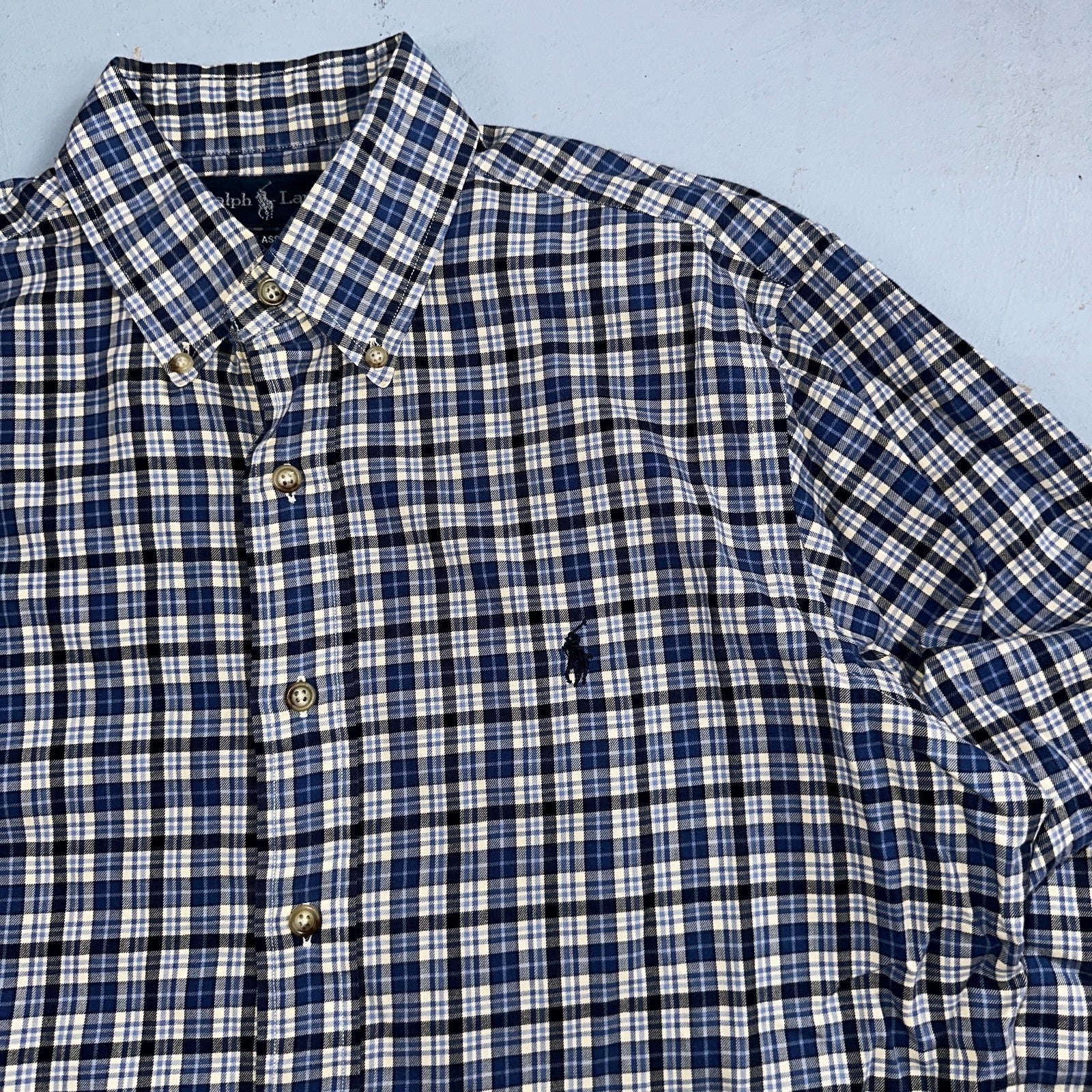 Ralph Lauren Button Up Shirt Men’s M Blue White Checker Plaid Long Sleeves