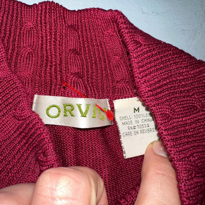 Orvis 100% Silk Pullover Red Mock Neck Sweater Women’s M Cable Knit Accent