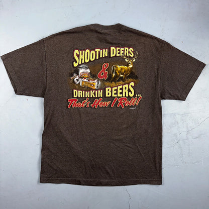 Buck Wear Funny Deers and Beers VTG T Shirt Redneck Brown Y2K Cool Hunting Joke