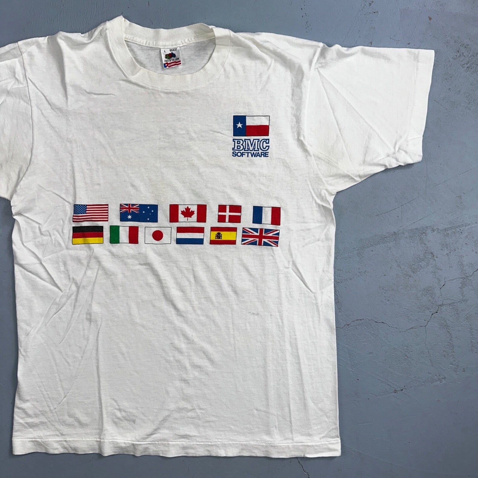BMC Computer Software VTG T Shirt FOTL 90s Nerd Science PC Flags International