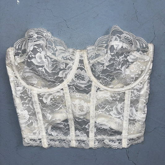 Vintage 60s Wynette Lingerie White Floral Lace Bustier Corset Top Women's 34D