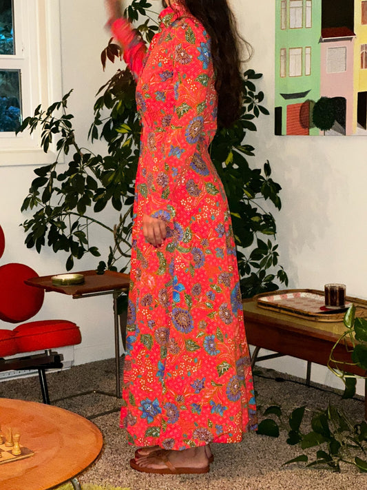 Vintage Denise Maxi Dress Red Floral Batik Boho 70s Style Hermosa Beach CA Rare