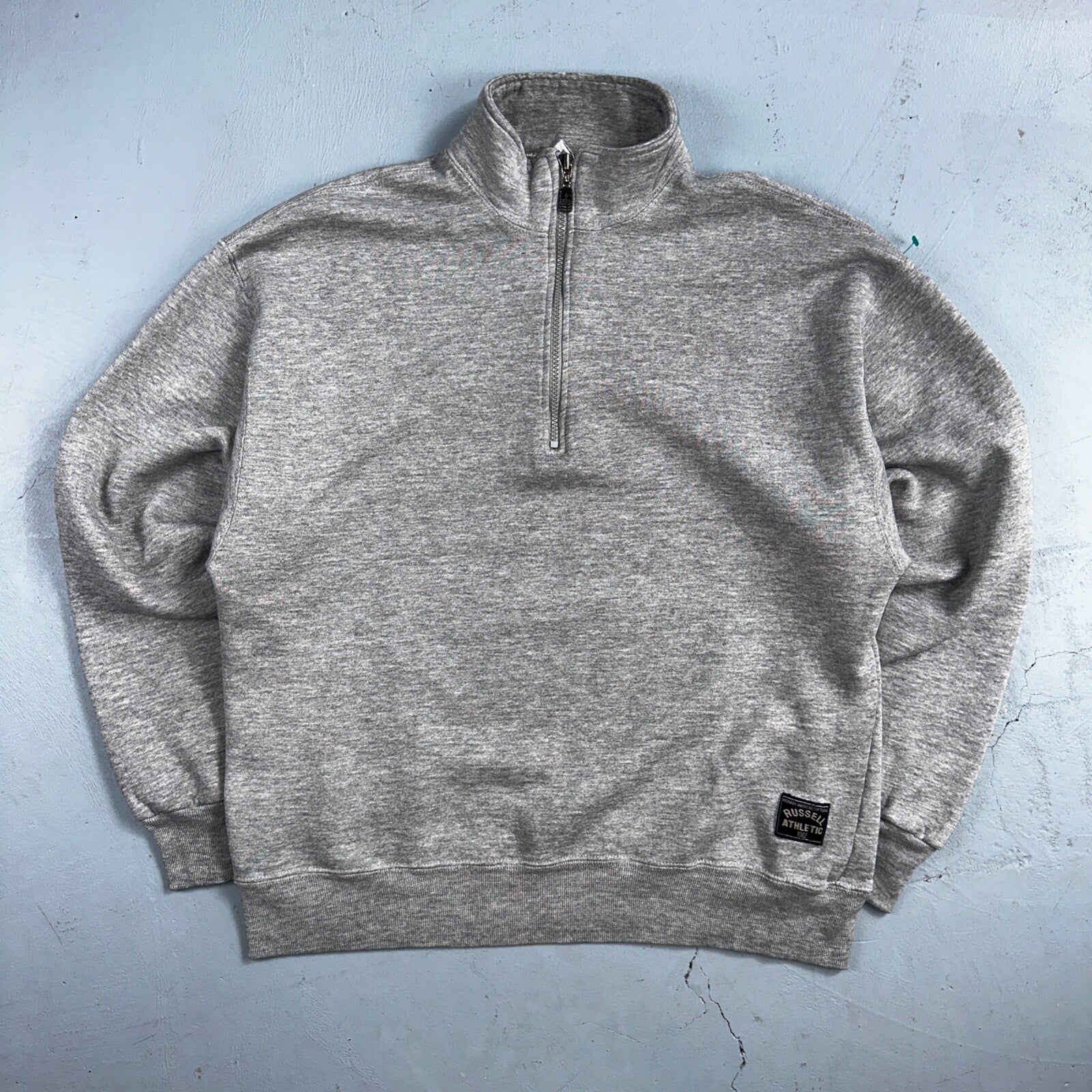 Russell Athletic USA L Sweatshirt 90s VTG Crewneck Gray Basic Blank Quarter Zip