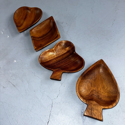 Vintage Monkey Pod Wood Card Playing Suits Candy Snack Dishes 80s Hearts Cute