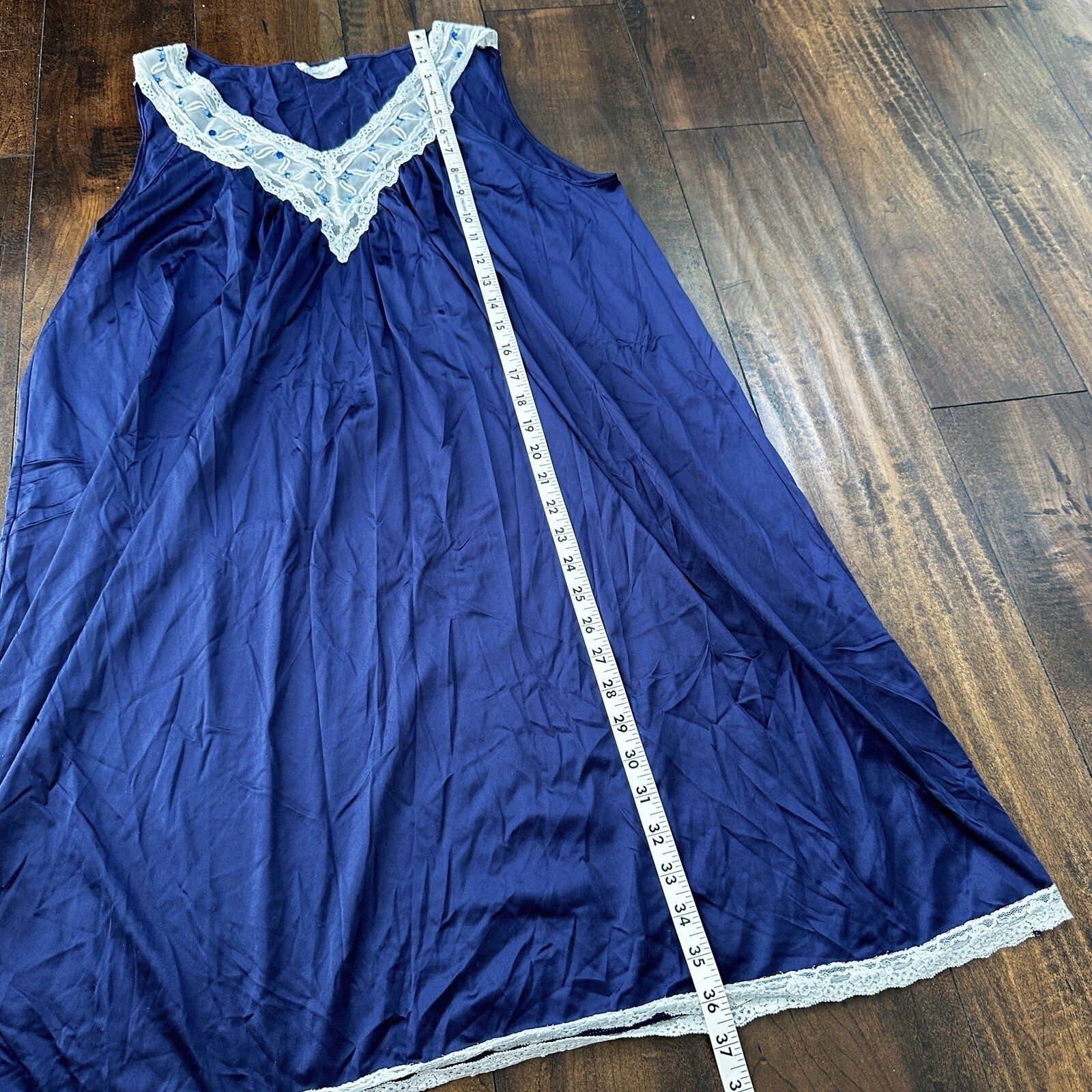 Vintage Vanity Fair Long Nightgown Sleep Womens Size L Blue Satin Sleeveless