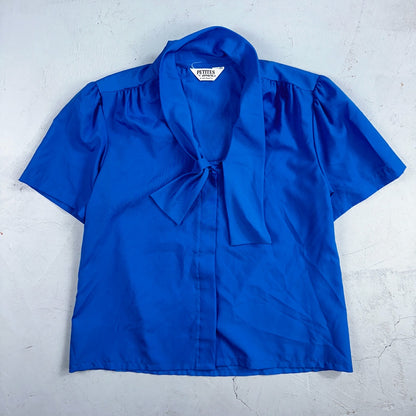 Jonquil Judy Bond Womens M Blouse Button Front Short Sleeve Blue 80s VTG