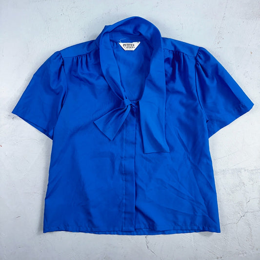 Jonquil Judy Bond Womens M Blouse Button Front Short Sleeve Blue 80s VTG