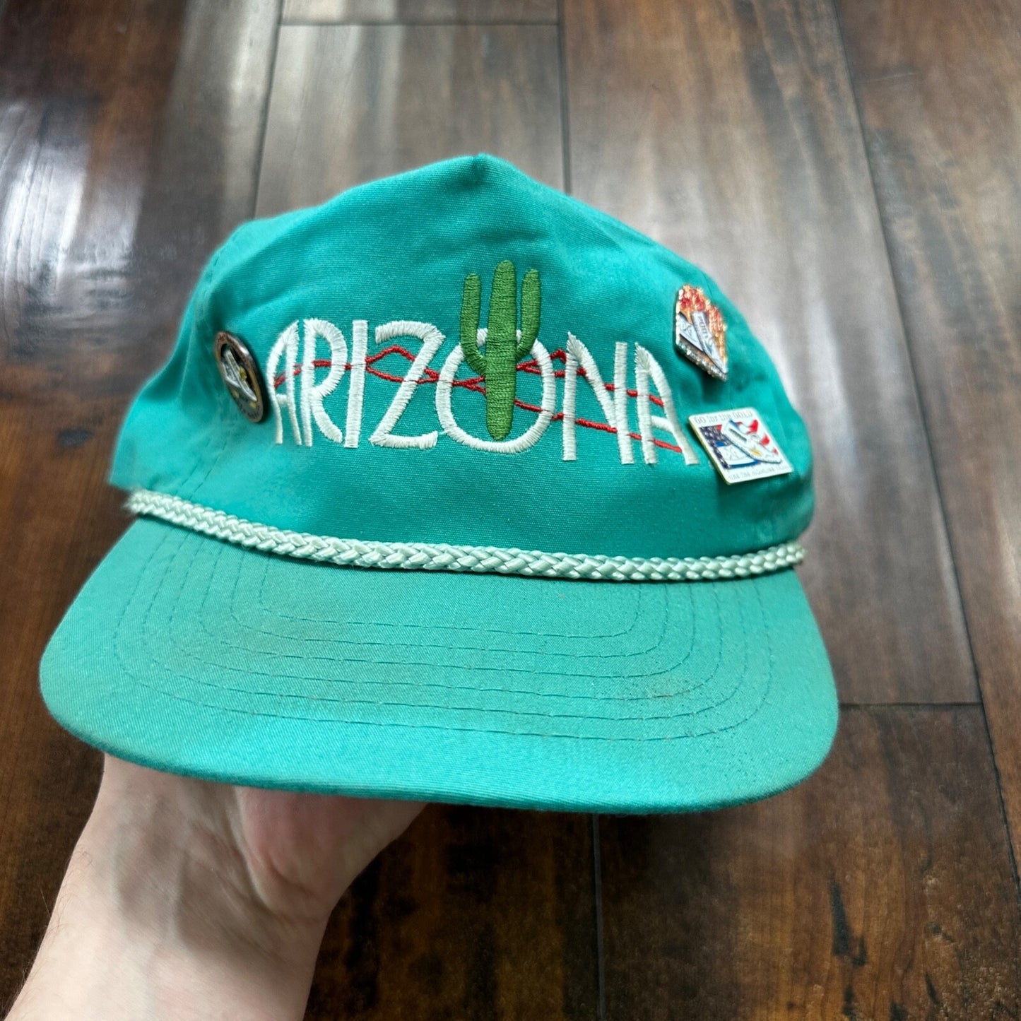 Arizona VTG Hat Cap Snapback Pins Cool Teal 80s Cactus Travel Fun