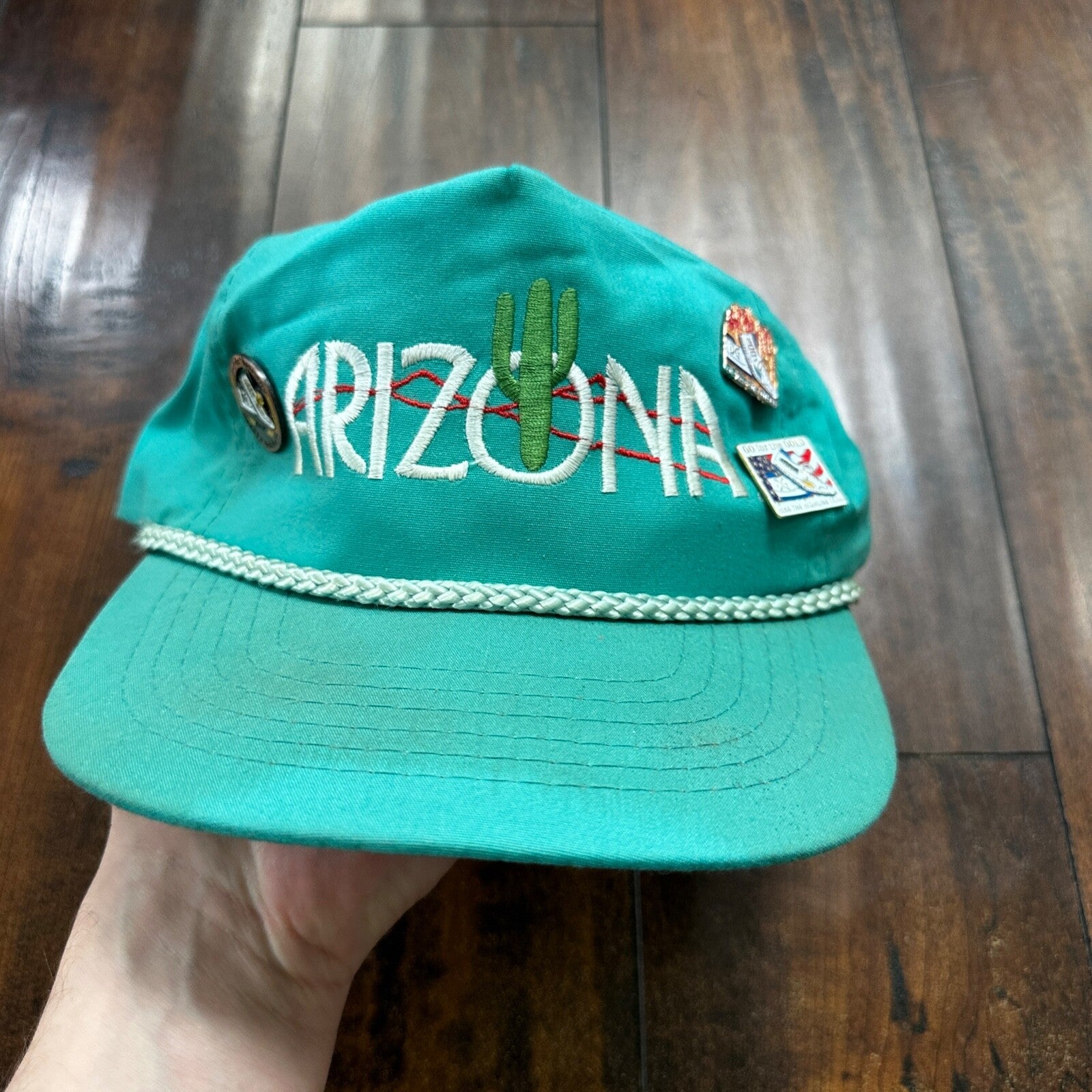 Arizona VTG Hat Cap Snapback Pins Cool Teal 80s Cactus Travel Fun