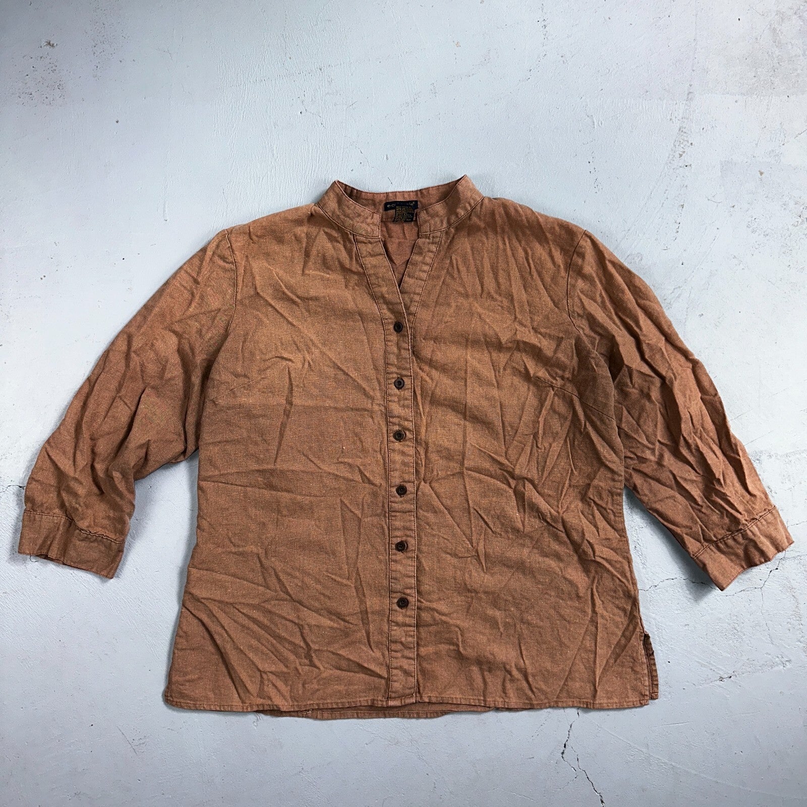 E-COL-O-GIE Womens Large Brown Linen Button Up Shirt Large Cotton VTG Y2K