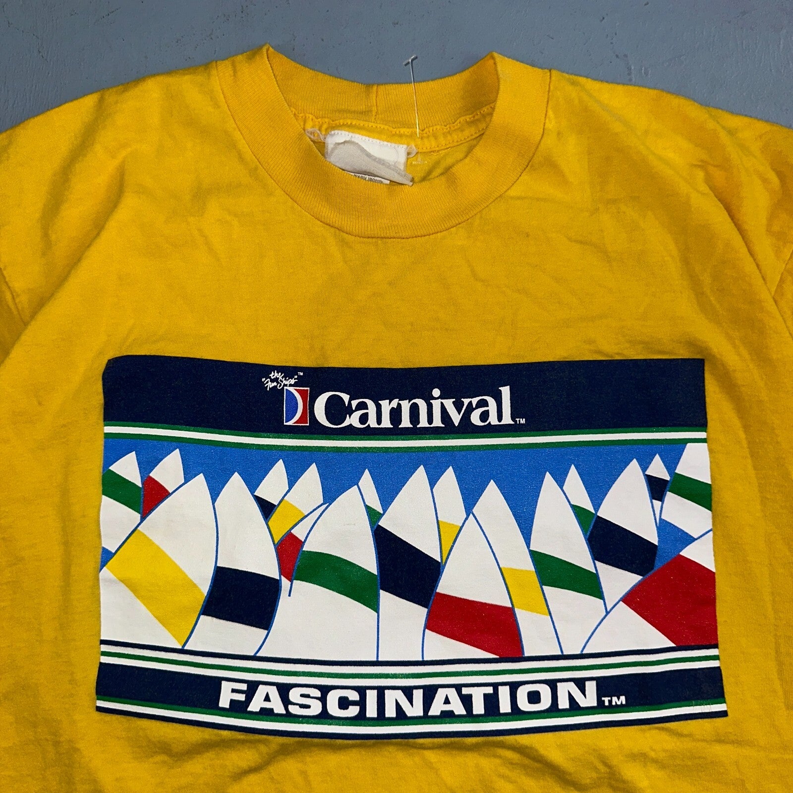 Carnival Fascination Yellow VTG T Shirt Travel Sail Boats Single Stitch Large
