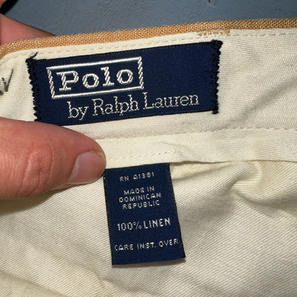 Polo Ralph Lauren 34x34 Brown Linen Pleated High Waist Mens Pants VTG 90s Beige