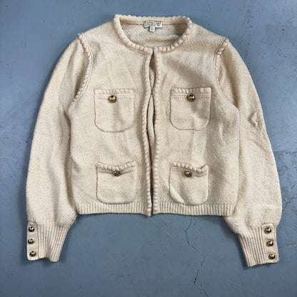J. Crew Odette Lady Sweater Ivory Boucle Knit Gold Button Cardigan Jacket M