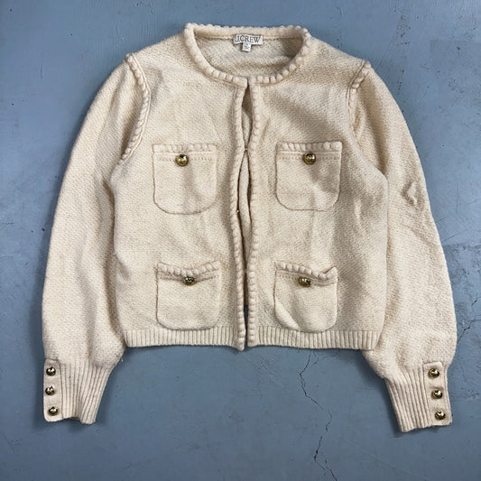J. Crew Odette Lady Sweater Ivory Boucle Knit Gold Button Cardigan Jacket M