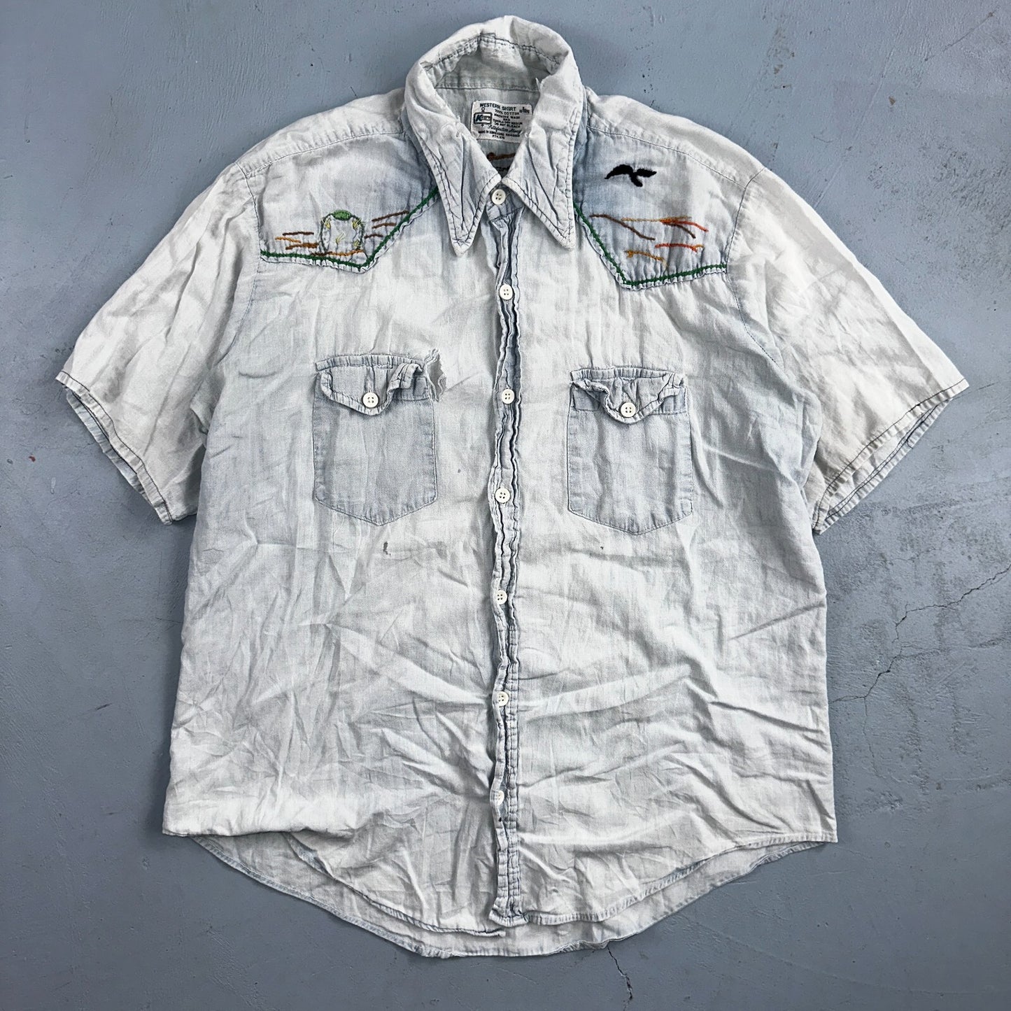 Vintage 70s Kmart Chambray Western Men’s Shirt Size L Embroidery Thrashed Rare