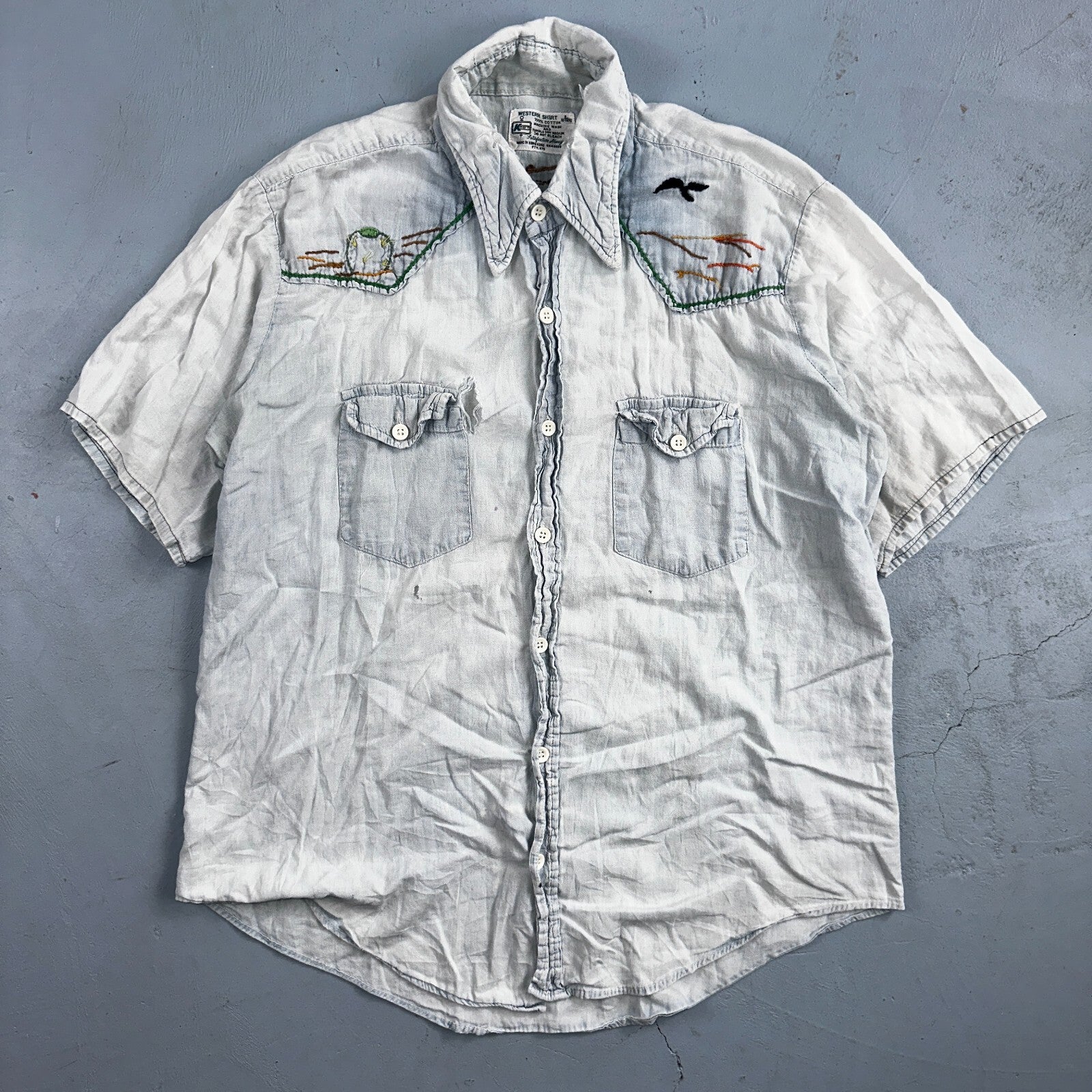 Vintage 70s Kmart Chambray Western Men’s Shirt Size L Embroidery Thrashed Rare