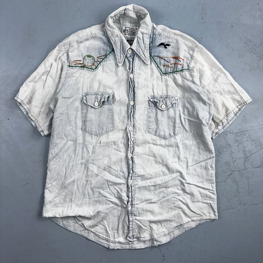 Vintage 70s Kmart Chambray Western Men’s Shirt Size L Embroidery Thrashed Rare